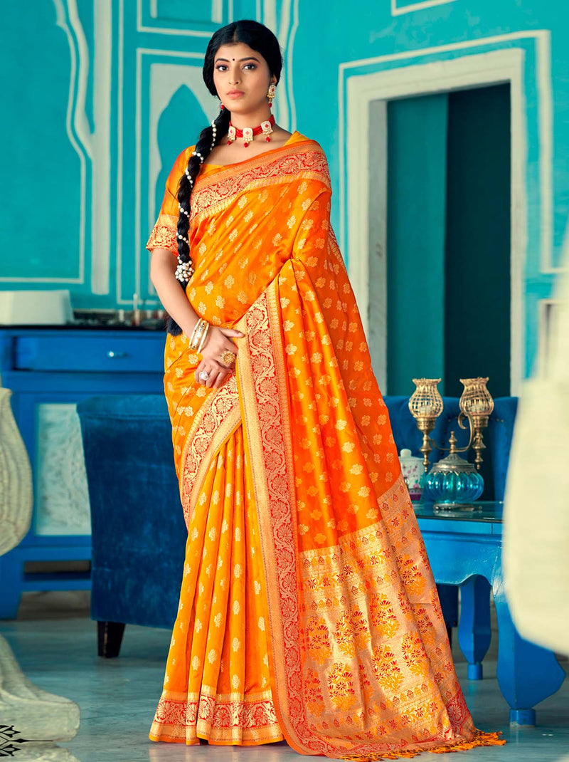 Oh So Wow! Orange Color Saree With Gold Work Detailing - TrendOye
