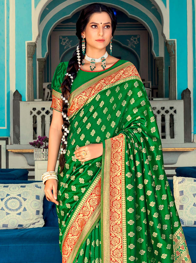 TrendOye Mehendi Green Festive Saree With Opulent Gold Work - TrendOye