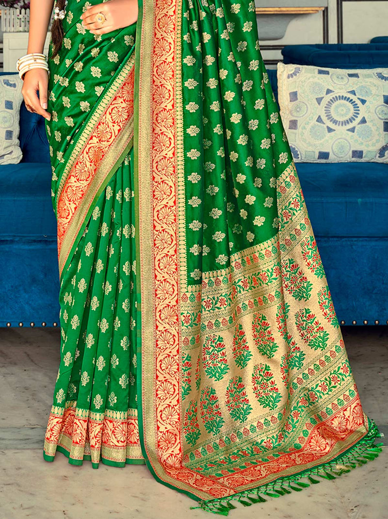 TrendOye Mehendi Green Festive Saree With Opulent Gold Work - TrendOye