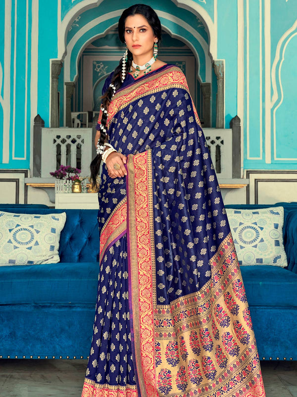 Royal Blue Saree With Baby Pink Border Banarasi Beautiful Zari