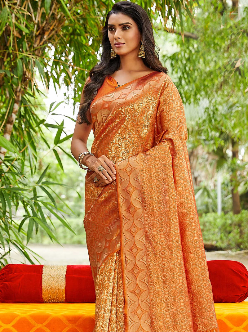 Tantalizing Princeton Orange Wedding Saree with Beautiful Embellishments - TrendOye