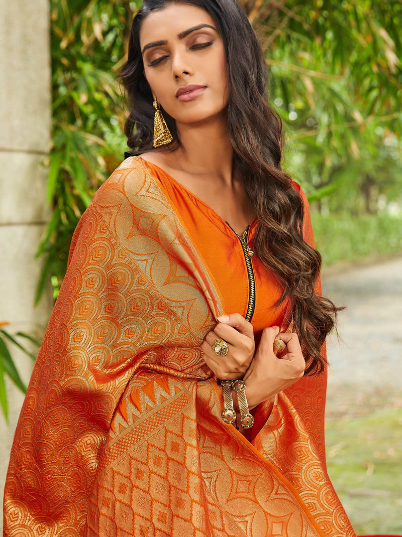 Tantalizing Princeton Orange Wedding Saree with Beautiful Embellishments - TrendOye