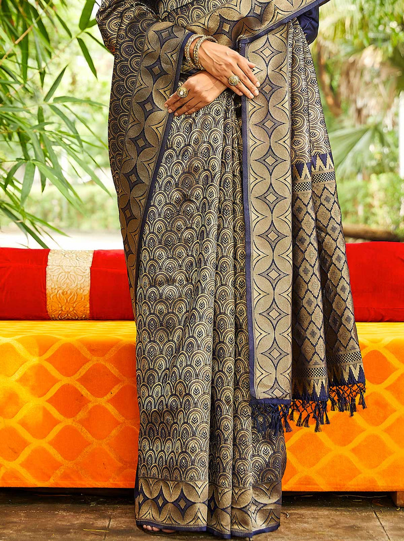 Elegant Steel Grey Party Saree with Zari Woven Borders - TrendOye