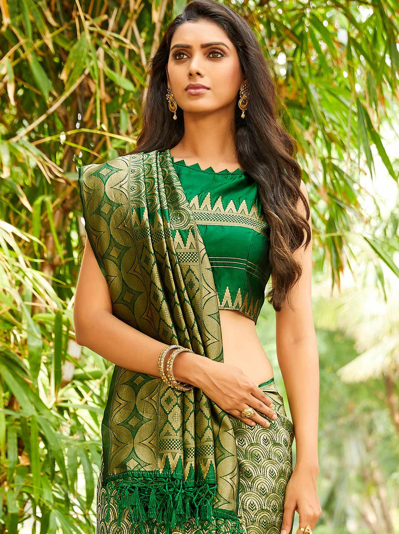 Classy Bottle Green Wedding Silk Saree with MInimalist Designs - TrendOye