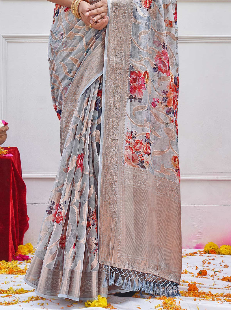 Gracious Grey TrendOye Saree With Floral Digital Prints - TrendOye