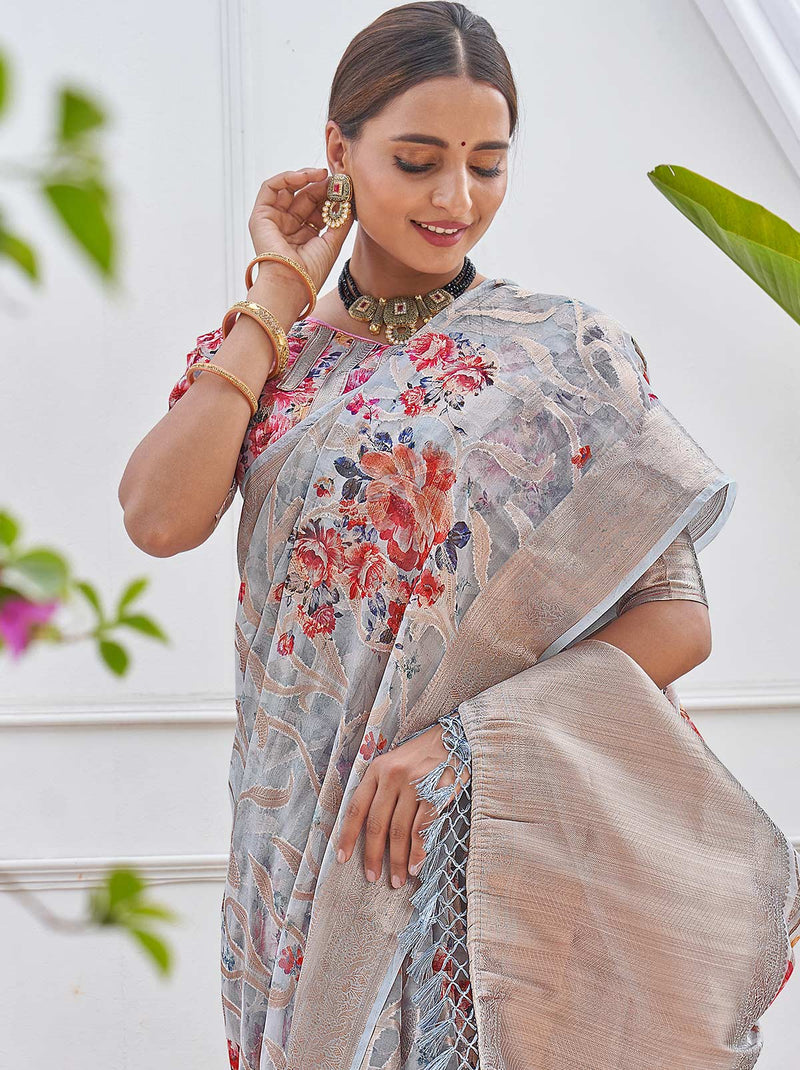 Gracious Grey TrendOye Saree With Floral Digital Prints - TrendOye