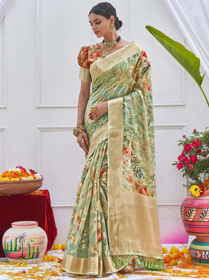 Magical Light Green TrendOye Saree With Nature Inspired Floral Motifs - TrendOye