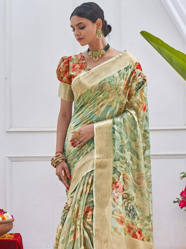 Magical Light Green TrendOye Saree With Nature Inspired Floral Motifs - TrendOye