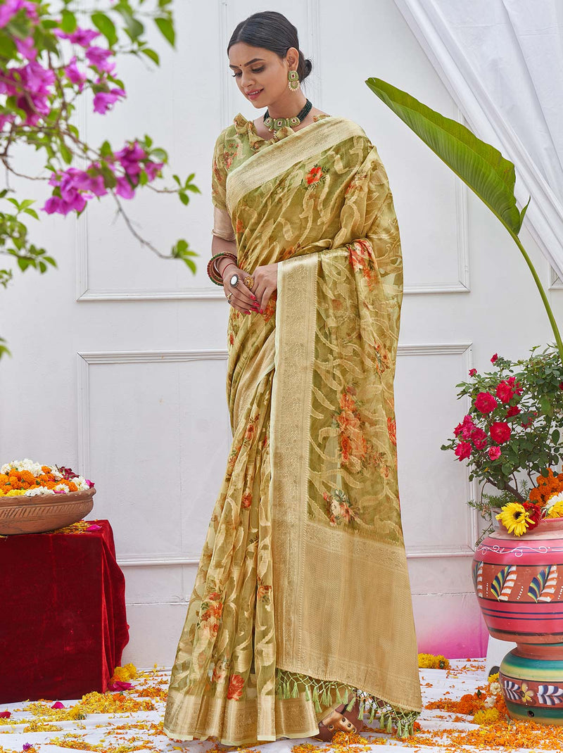Green Contemporary Style Wave TrendOye Saree With Digital Printed Unstitched Blouse - TrendOye