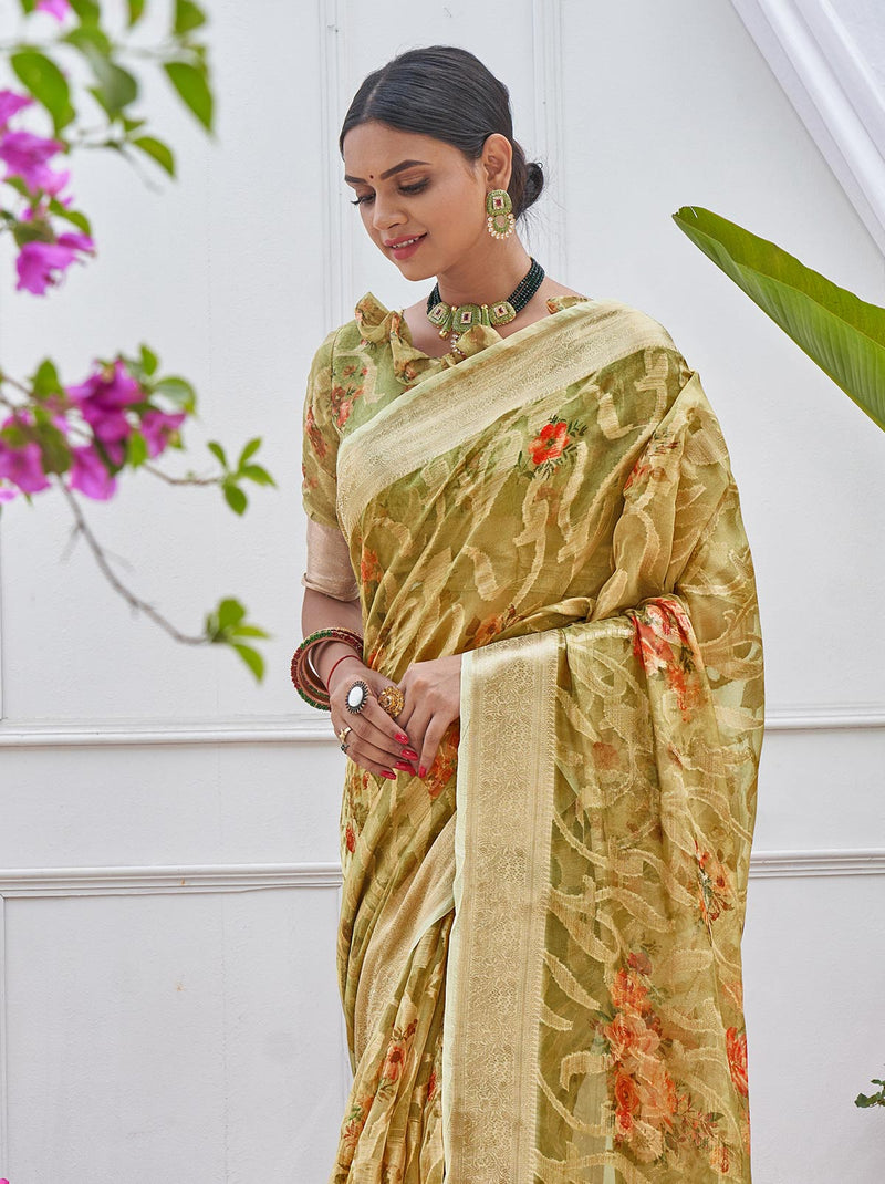 Green Contemporary Style Wave TrendOye Saree With Digital Printed Unstitched Blouse - TrendOye