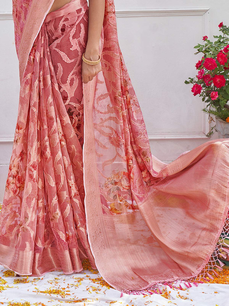 TrendOye Pink Organza Saree With Beauty of Digital Print - TrendOye