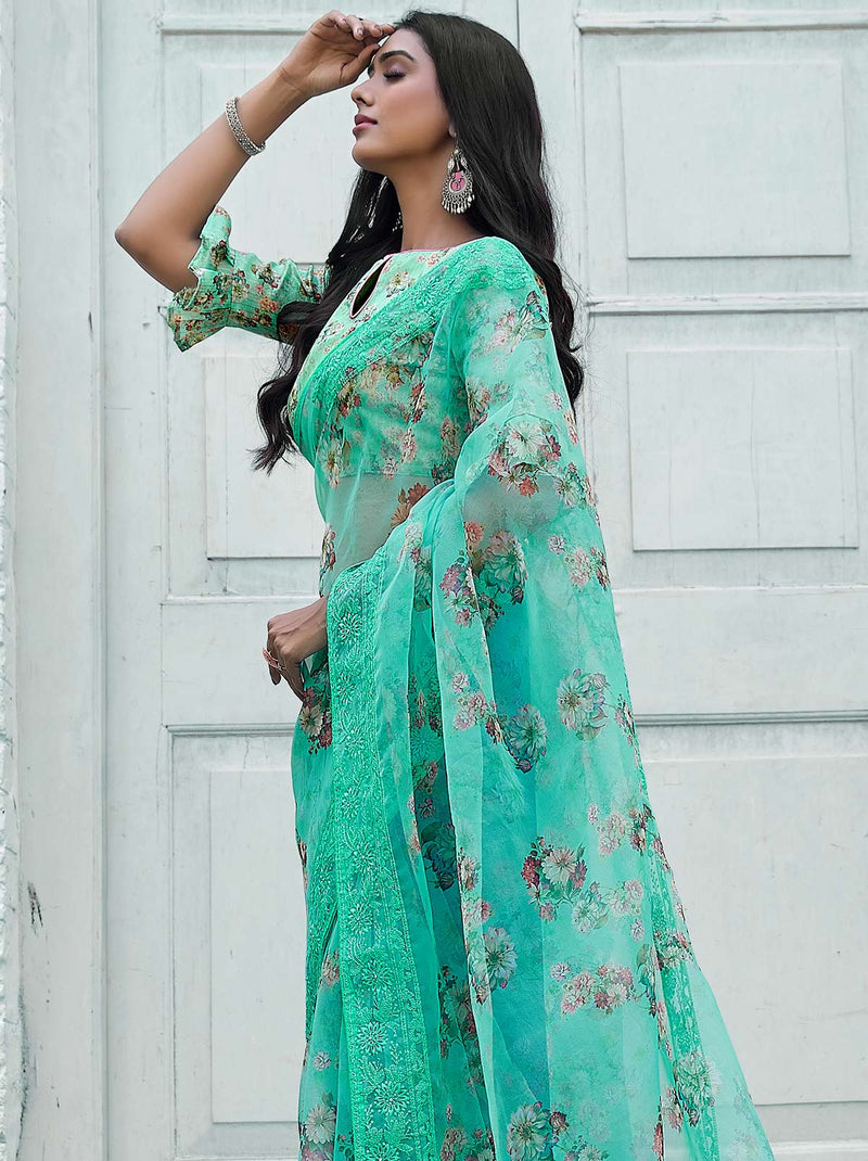 Green TrendOye Organza Saree With Designer Unstitched Blouse - TrendOye