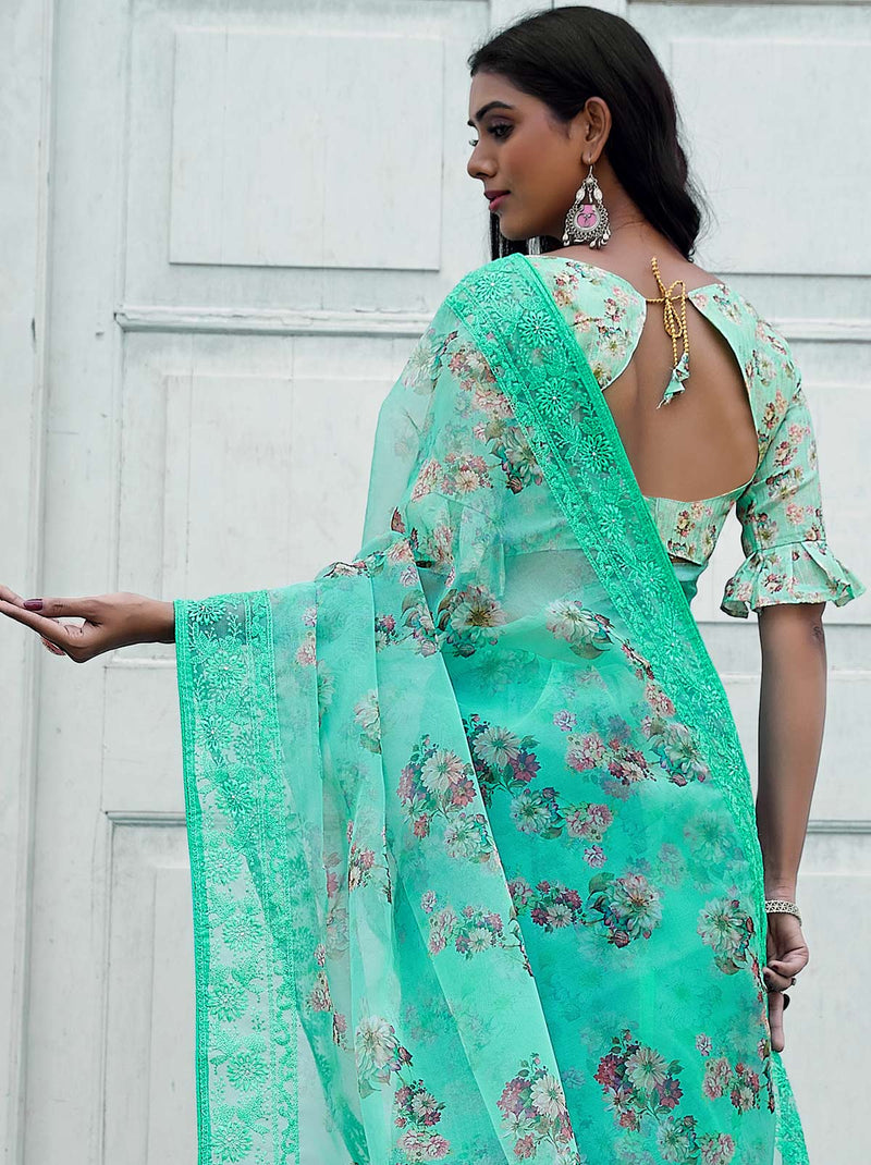 Green TrendOye Organza Saree With Designer Unstitched Blouse - TrendOye