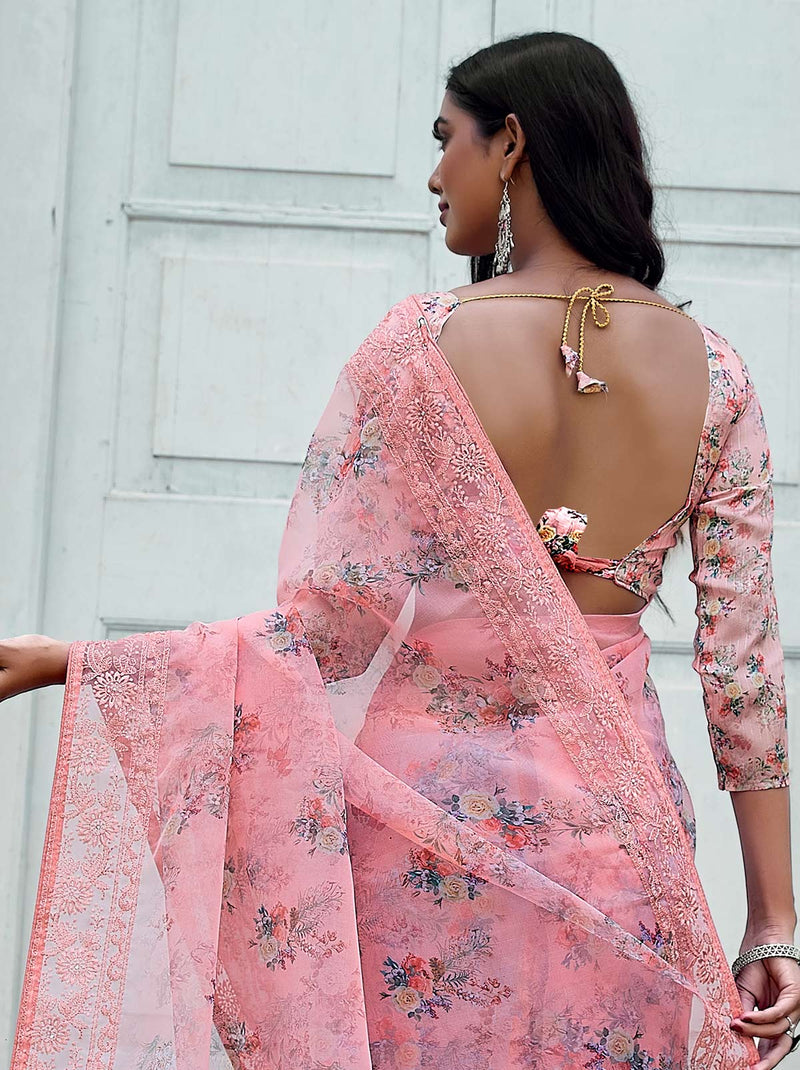 Vivid Pink Trendoye Saree With Designer Unstitched Blouse - TrendOye
