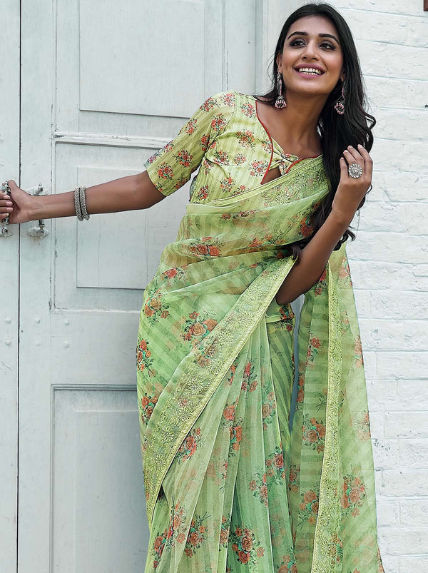 Bright Green TrendOye saree With Printed Unstitched Blouse - TrendOye