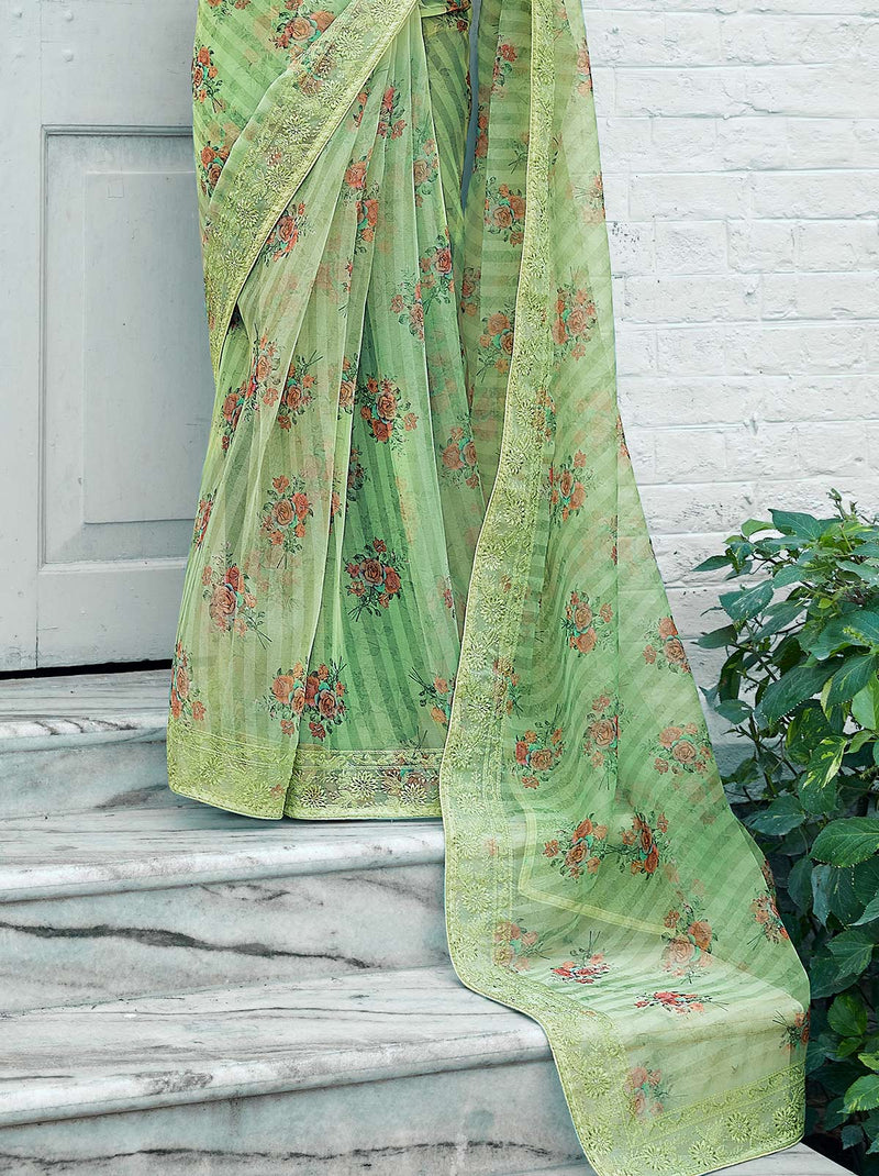 Bright Green TrendOye saree With Printed Unstitched Blouse - TrendOye