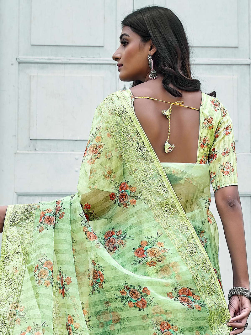Bright Green TrendOye saree With Printed Unstitched Blouse - TrendOye