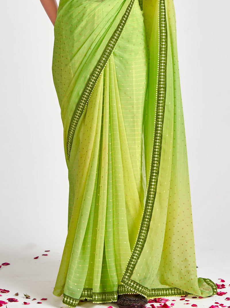 Light Green TrendOye Saree With Dark Green Contrast Unstitched Blouse - TrendOye