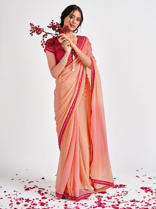 Peach Linen Saree With Multi Coloured Weave – Thearyavart