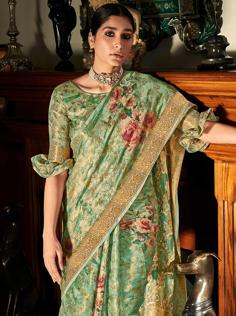 Evergreen TrendOye Saree With Digital Printed Unstitched Blouse - TrendOye
