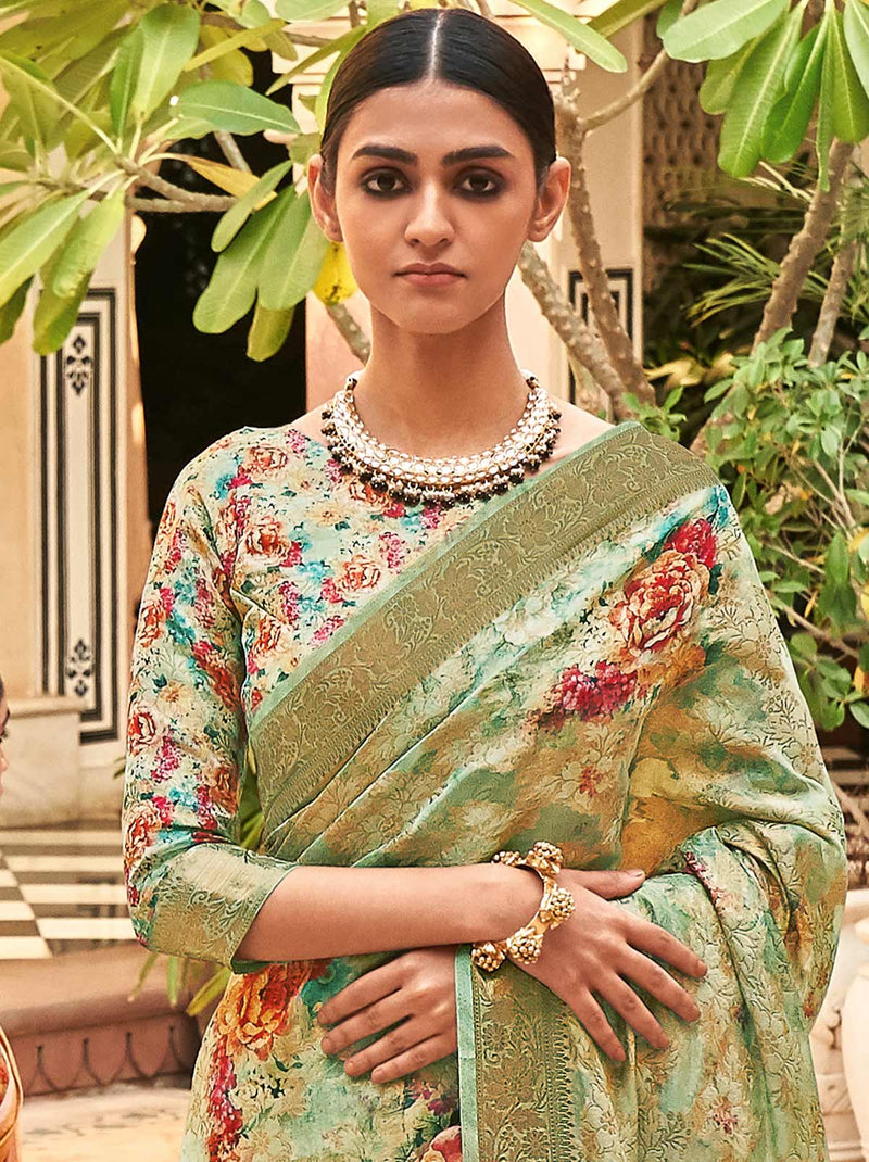 Greenlicious Trendoye Saree With Digital Floral Prints Unstitched Blouse - TrendOye