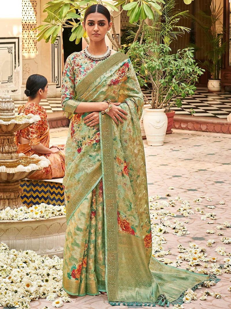 Greenlicious Trendoye Saree With Digital Floral Prints Unstitched Blouse - TrendOye