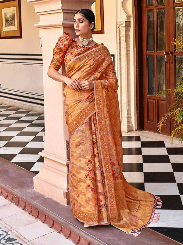 Musty Rusty TrendOye Saree With Digital Printed Unstitched Blouse - TrendOye