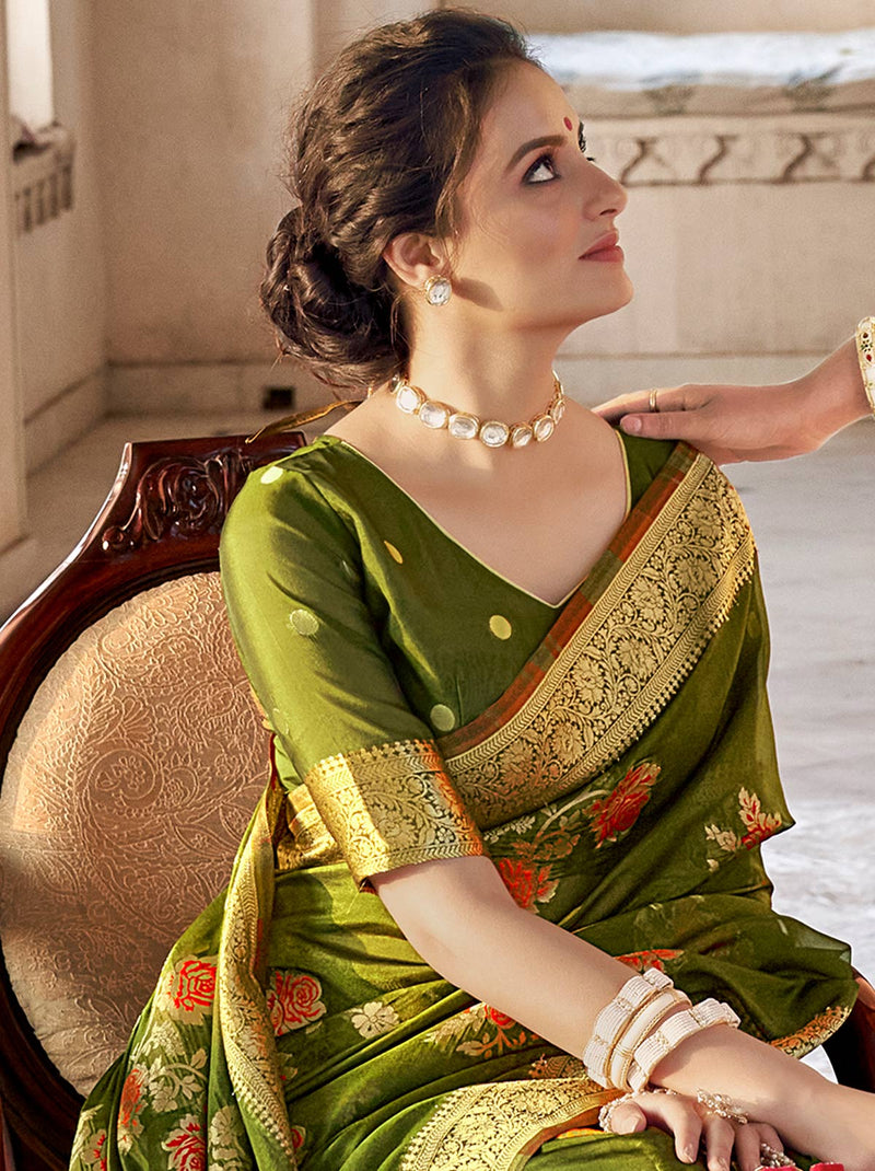 My Mehendi Green TrendOye Saree With Zari Designer Unstitched Blouse - TrendOye