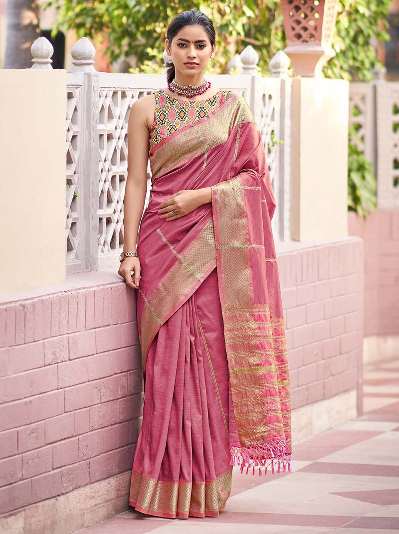 Delightful Punch Pink Wedding Saree with Intricate Motifs - TrendOye