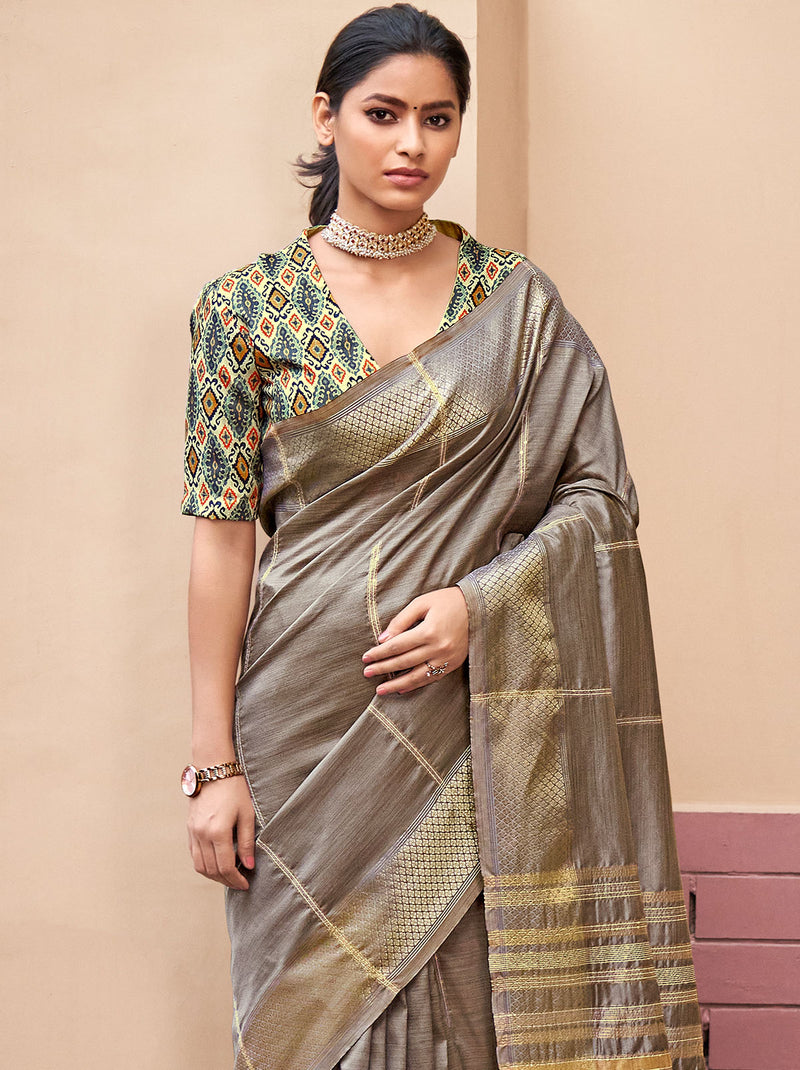 Ravishing Classy Grey Silk Blend Saree with Sequin Embellishments - TrendOye