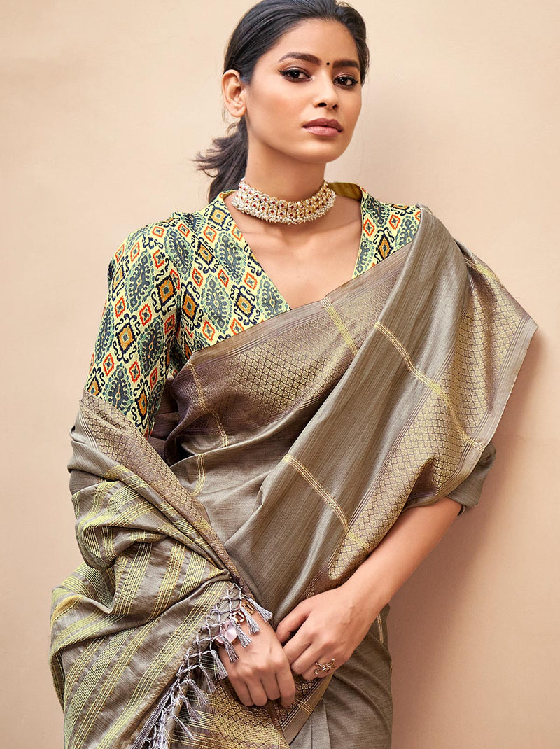 Ravishing Classy Grey Silk Blend Saree with Sequin Embellishments - TrendOye