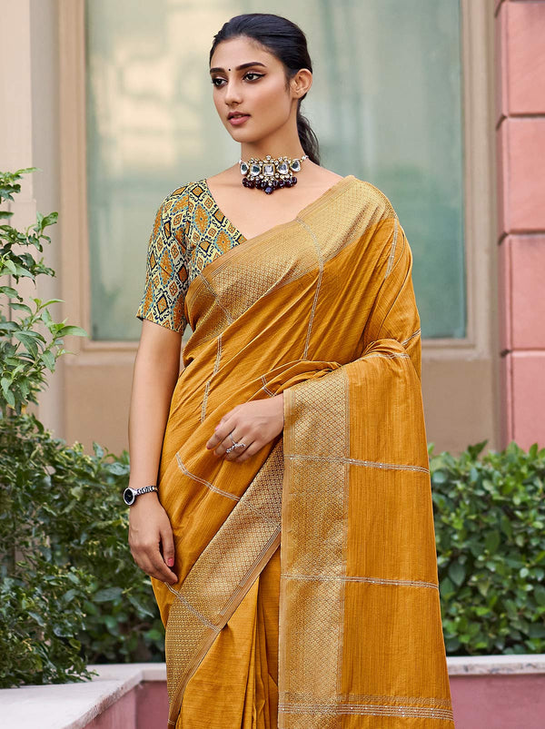 Alluring Mustard Party Soft Silk Saree with Beautiful Embroidery - TrendOye