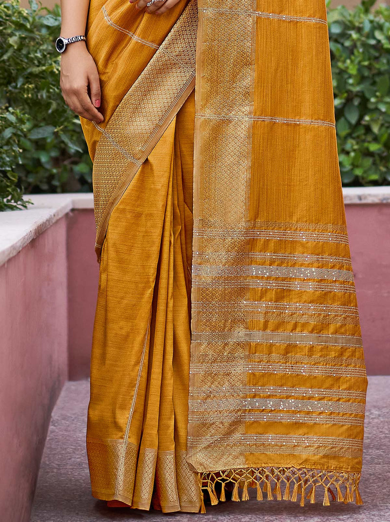 Alluring Mustard Party Soft Silk Saree with Beautiful Embroidery - TrendOye