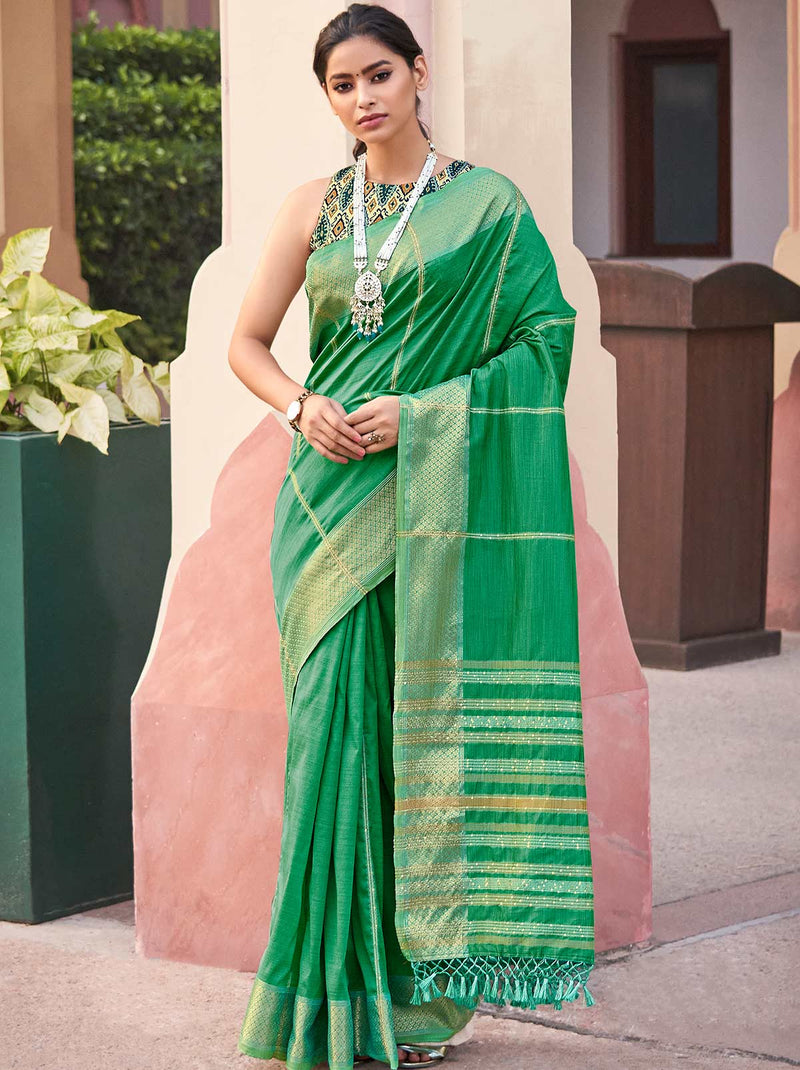 Classy Wedding Green Silk Saree with Sequin Embellishments - TrendOye