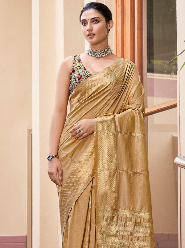 Dazzling Gold Silk Blend Saree with Tassels - TrendOye