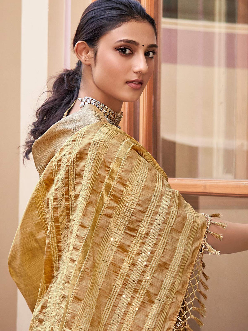 Dazzling Gold Silk Blend Saree with Tassels - TrendOye