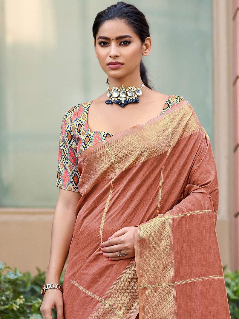 Cheerful Mahogany Brown Silk Saree with Unique Texture - TrendOye