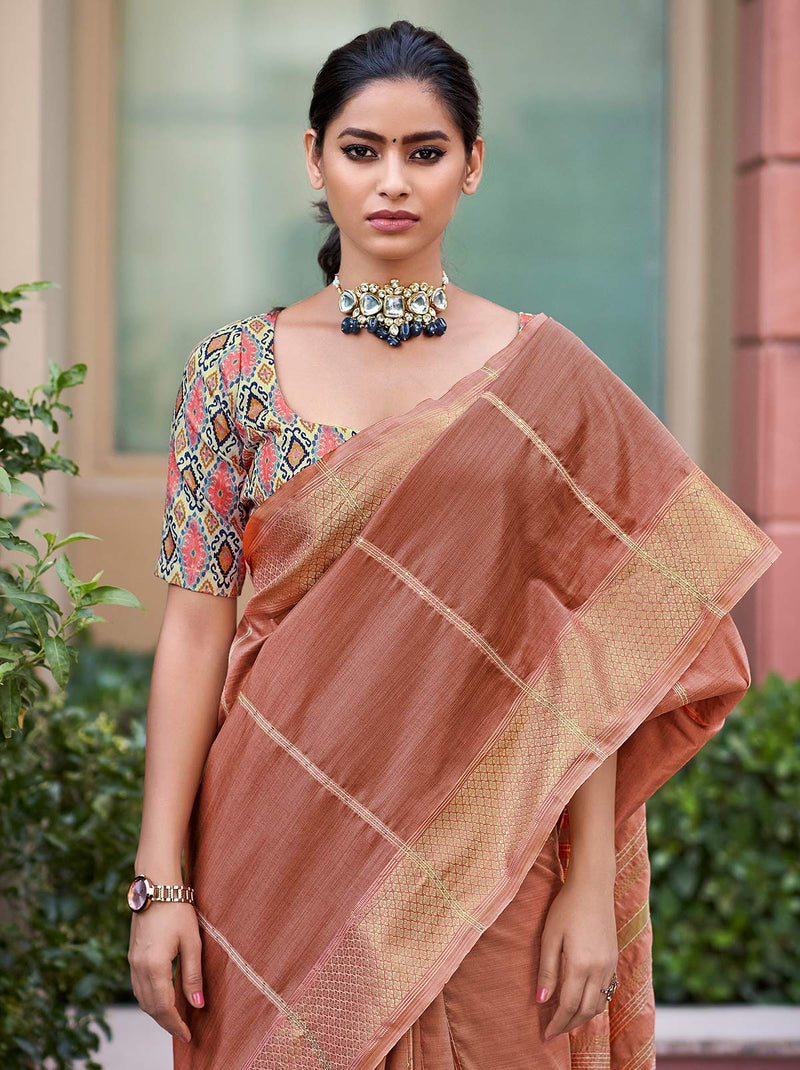 Cheerful Mahogany Brown Silk Saree with Unique Texture - TrendOye