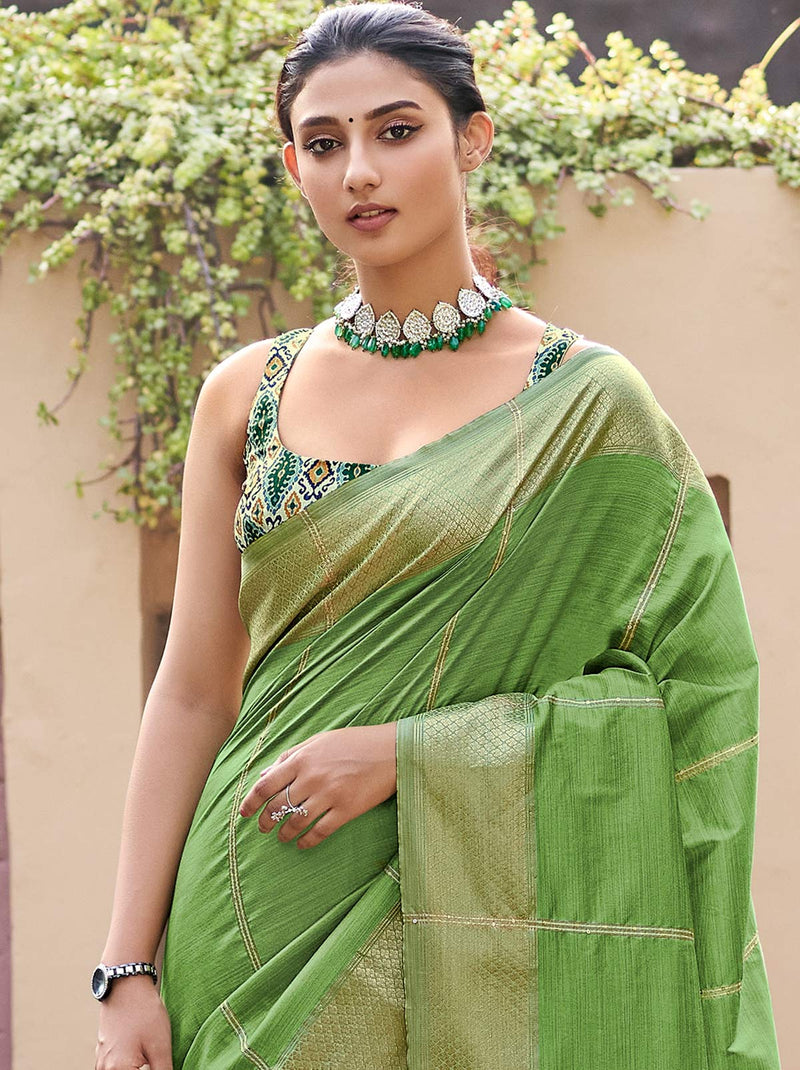Serene Parrot Green Silk Saree with Soft Zari Work - TrendOye