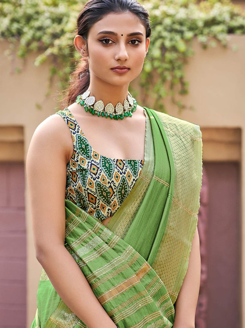 Serene Parrot Green Silk Saree with Soft Zari Work - TrendOye
