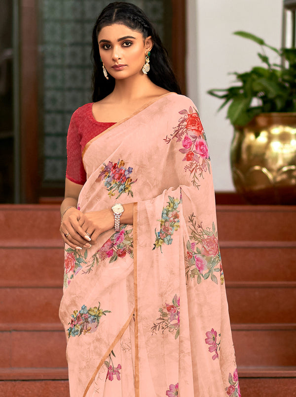 Splendid Organza Pink Digital Printed Saree With Classic Border - TrendOye