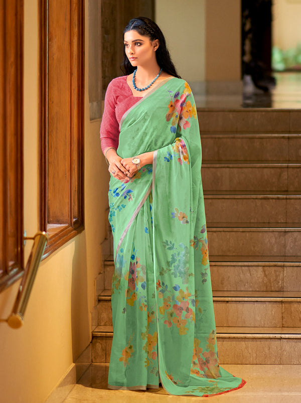 Delightful Organza Rama Green Digital Printed Saree With Classic Border - TrendOye