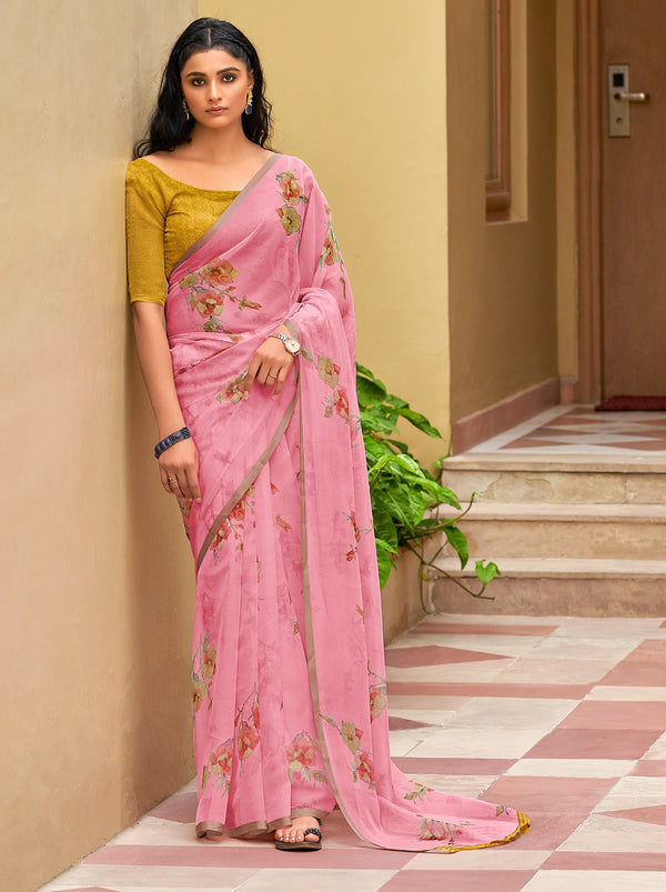 Ravishing Organza Pink Digital Printed Saree With Classic Border - TrendOye