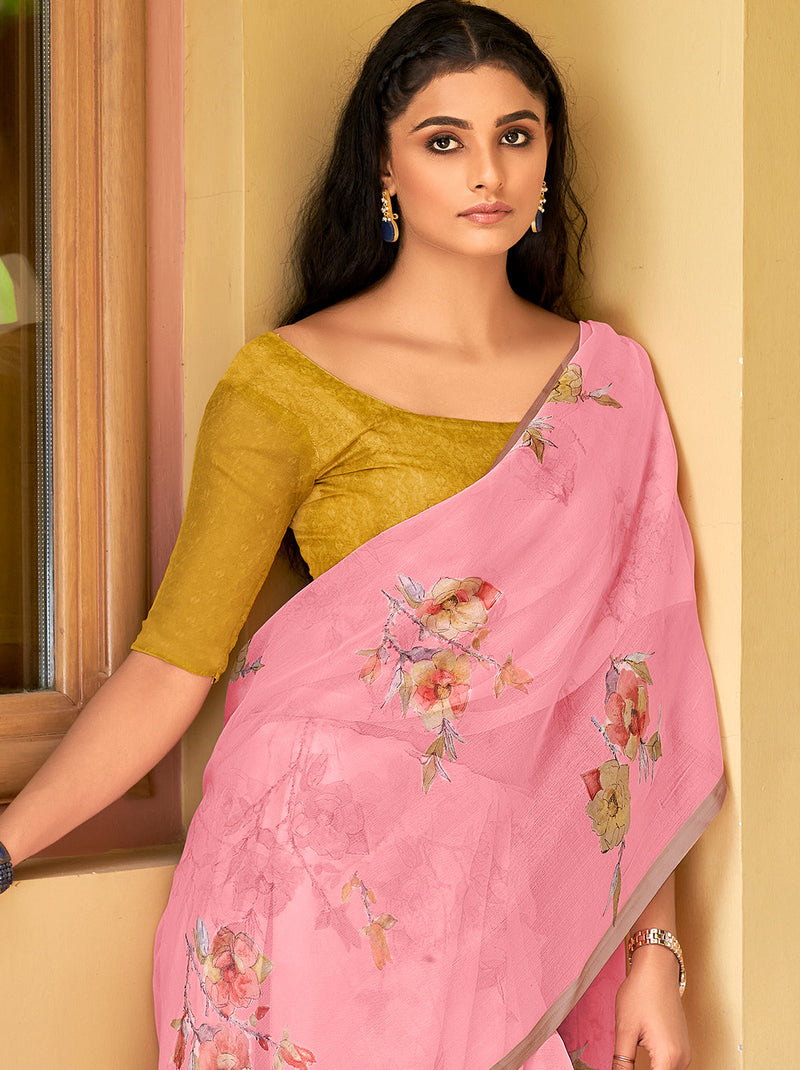 Ravishing Organza Pink Digital Printed Saree With Classic Border - TrendOye