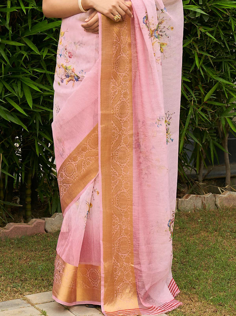 Glowing Organza Digital Pink Saree With Soft Zari Border - TrendOye