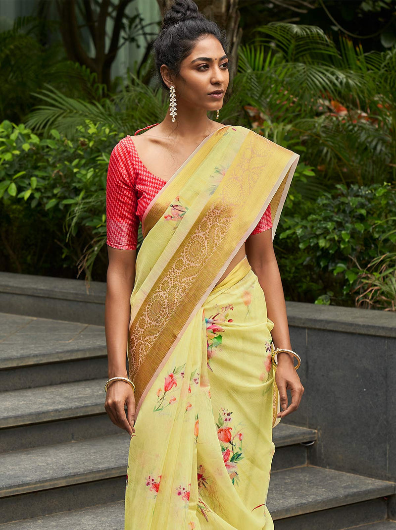 A Soft Yellow Saree With Blouse