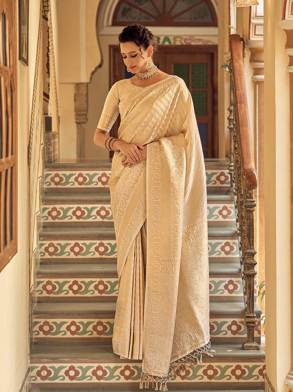 Lovely Cream Mul Zari Saree With Red And Gold Border – ShopBollyWear.Com