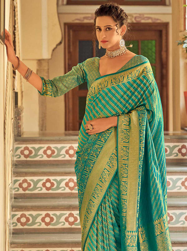 Teal Green TrendOye Saree With Unstitched Blouse Fabric - TrendOye