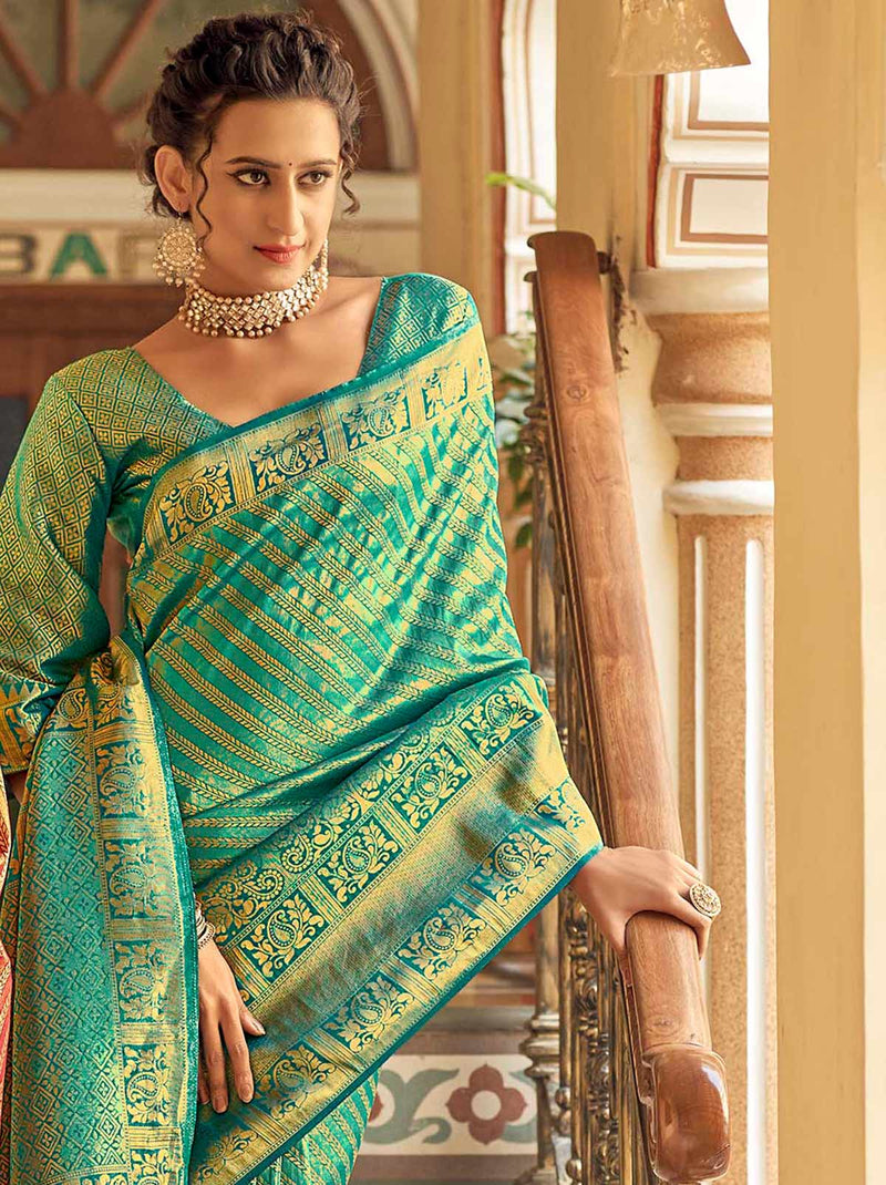 Teal Green TrendOye Saree With Unstitched Blouse Fabric - TrendOye