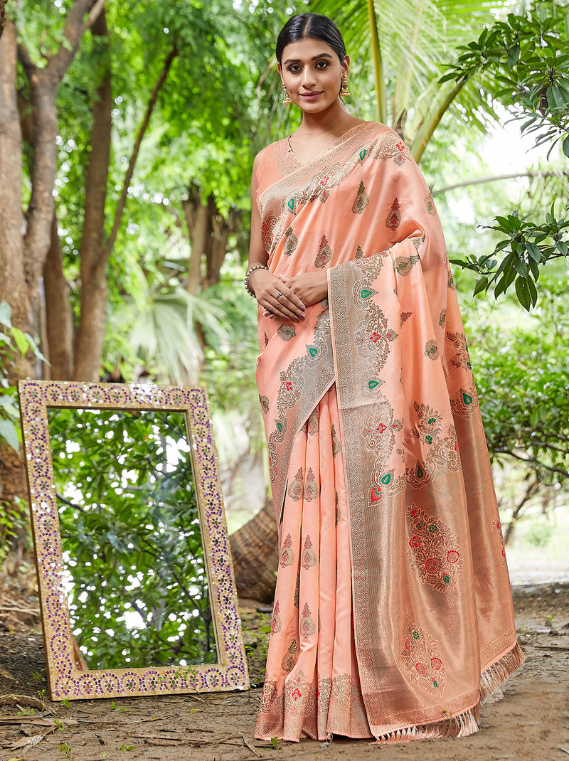 Exotic Zari Silk Blend Designer Peach Saree With Soft Zari Weaving - TrendOye